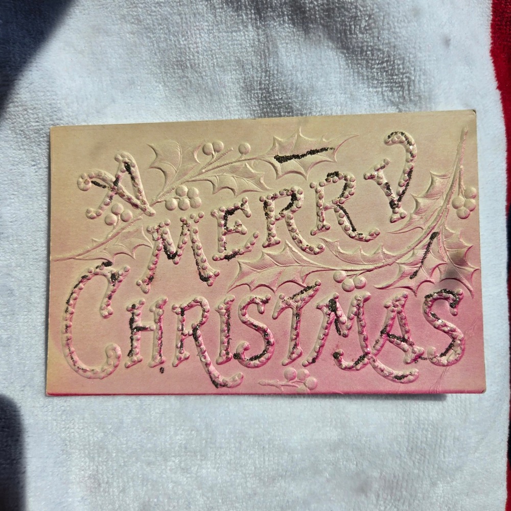 Vintage United Art Publishing Merry Christmas Postcard Pink Holly Embossed Blank